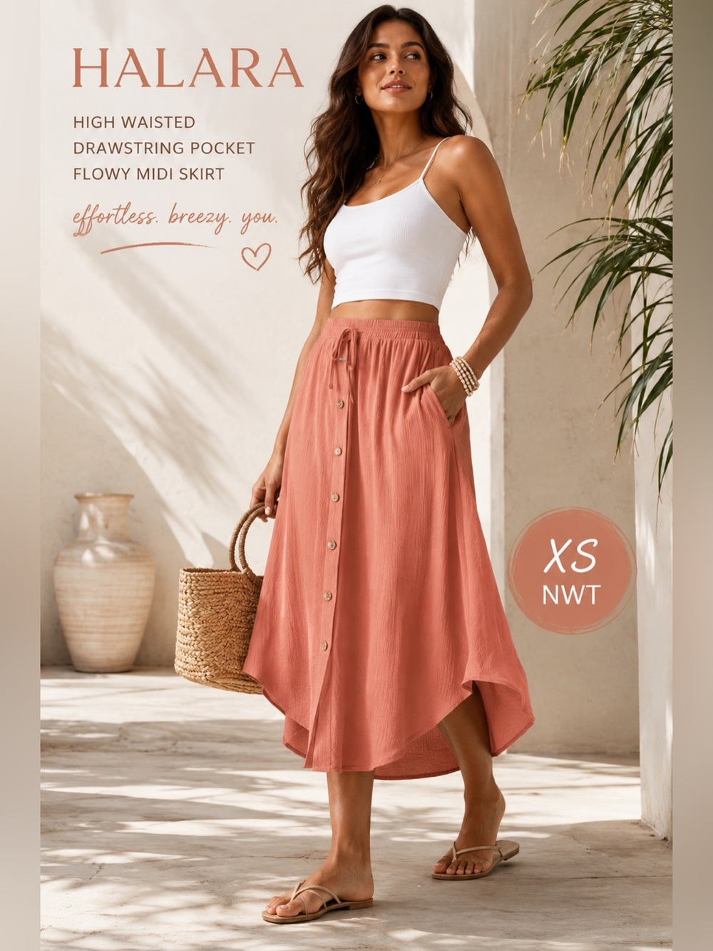 Halara High Waisted Drawstring Pocket Flowy Midi‎ A-Line Skirt XS NWT
